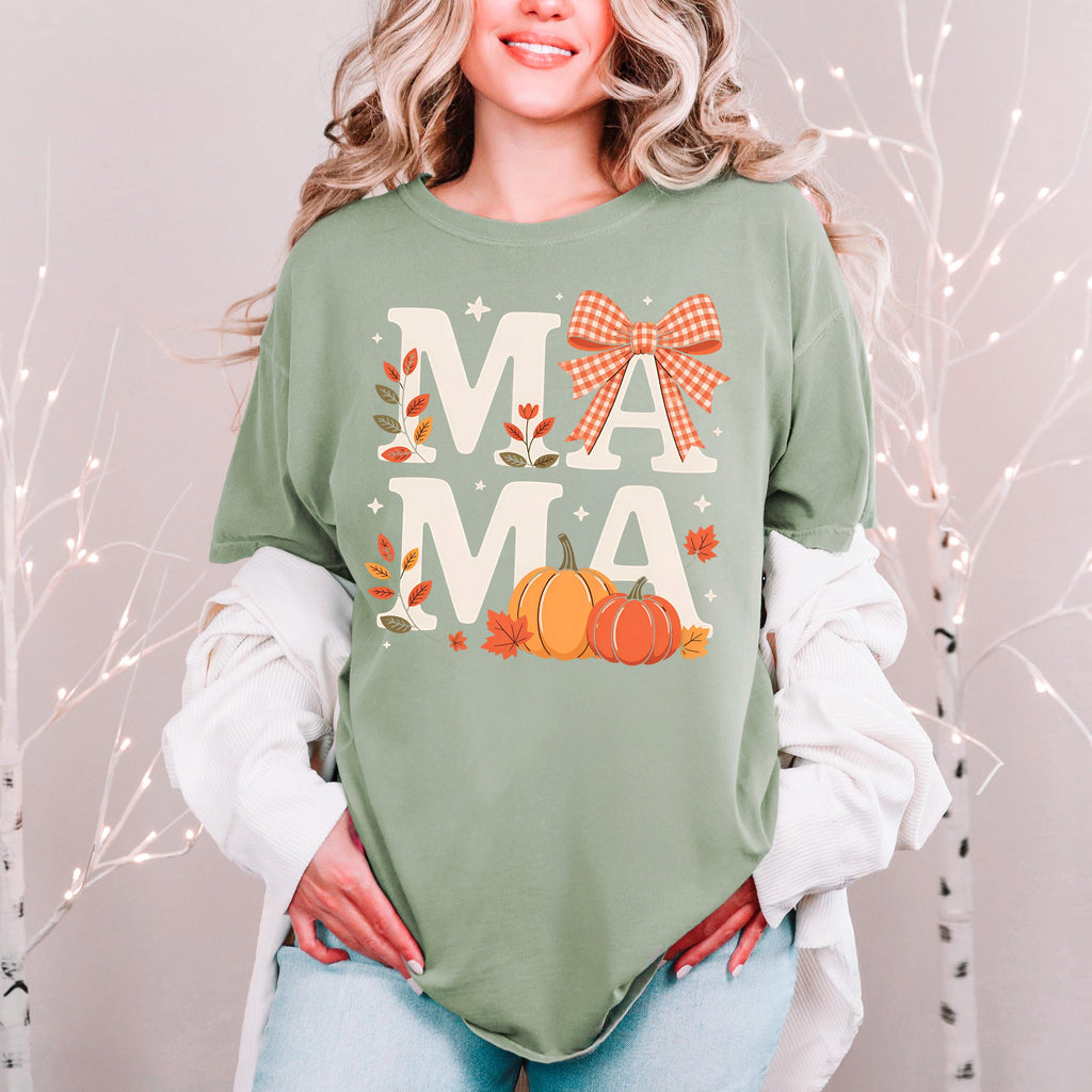 Comfort Colors T-shirt Fall Pumpkin Coquette Bow Mama Shirt, vintage style cozy tee for moms and fall outfits