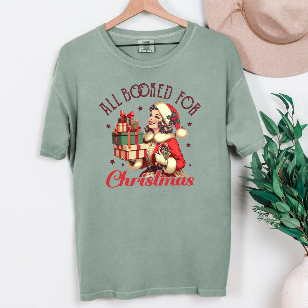 Comfort Colors Christmas T-shirt, vintage retro holiday graphic tee, cozy festive gift for book lovers, all booked for Christmas, gift idea