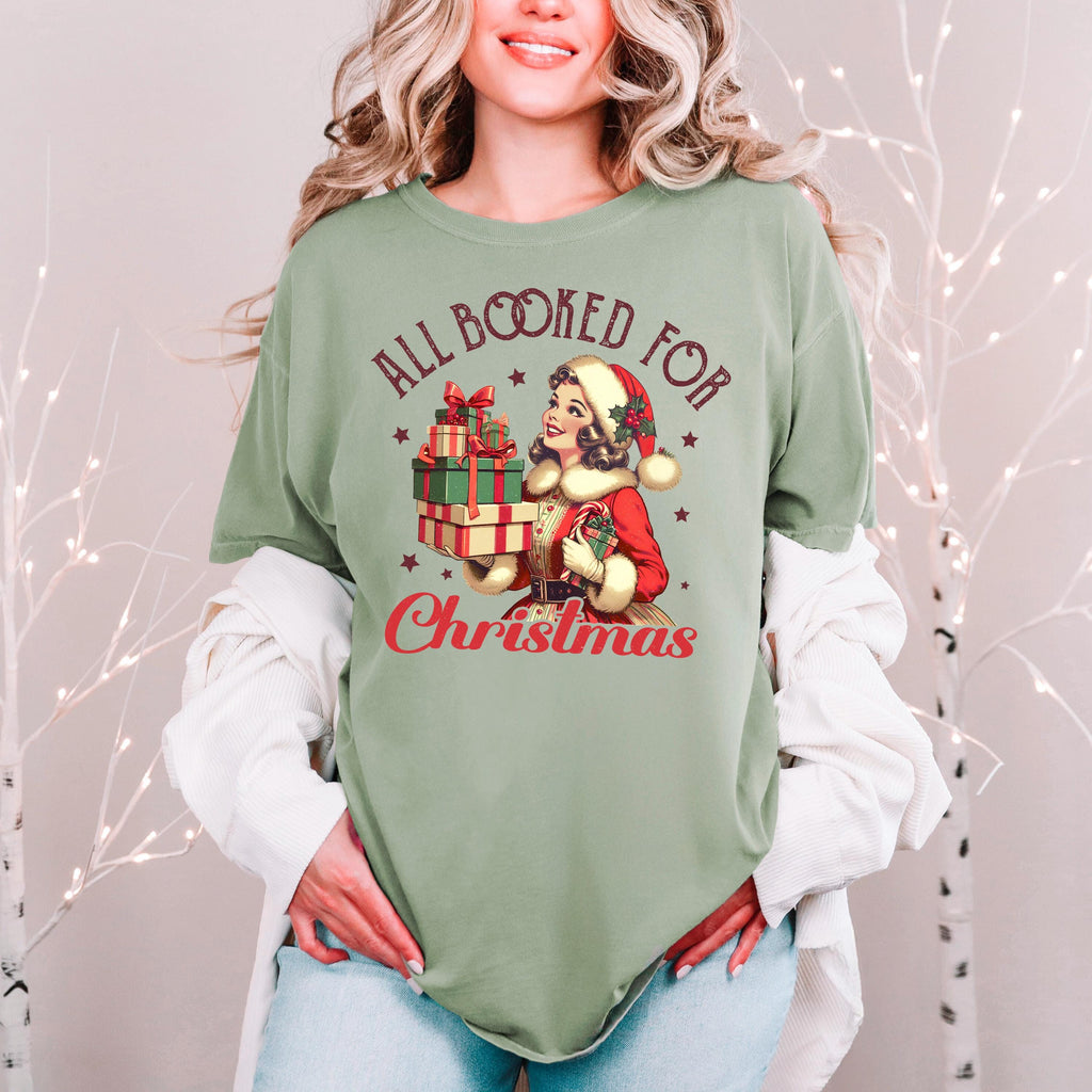 Comfort Colors Christmas T-shirt, vintage retro holiday graphic tee, cozy festive gift for book lovers, all booked for Christmas, gift idea