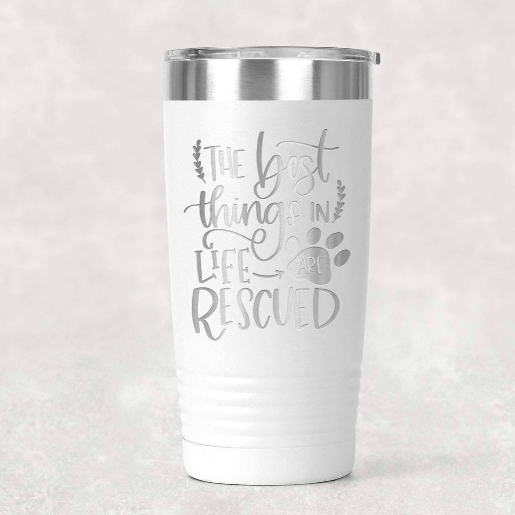 Dog Rescue Tumbler 20 oz Insulated Travel Mug, Pet Lover Gift, White Stainless Steel, Keeps Hot and Cold Drinks, Paw Print Design