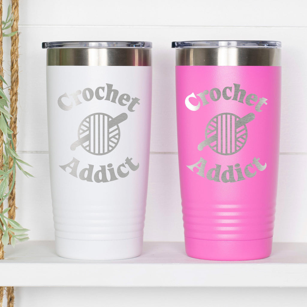 Crochet Tumbler 20 oz Insulated Travel Mug with Engraved Crochet Addict Design, Hot Cold Drink Cup for Crochet Enthusiasts, Gift Idea