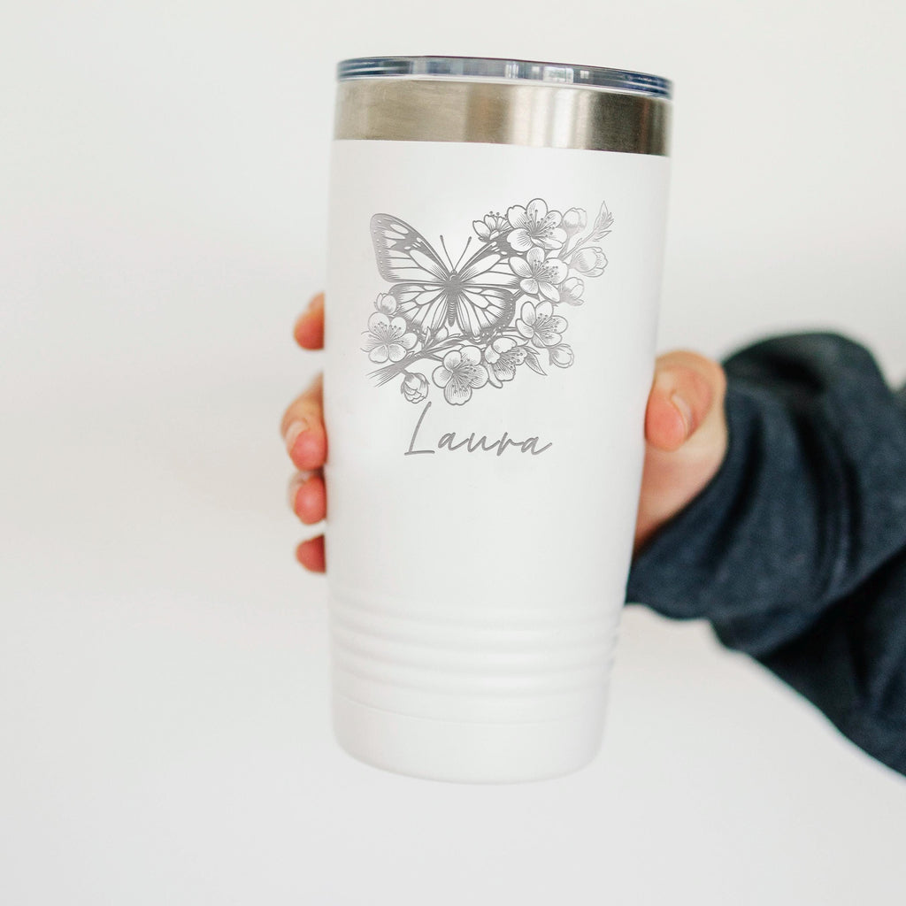 Personalized Butterfly Floral 20 oz Tumbler with Name Custom Coffee Mug Insulated Keepsake Gift for Her Birthday Holiday