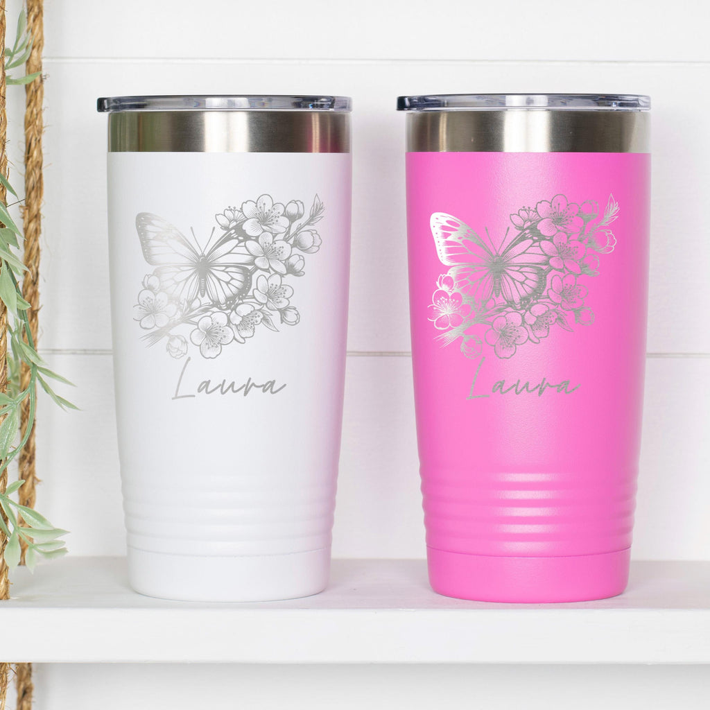Personalized Butterfly Floral 20 oz Tumbler with Name Custom Coffee Mug Insulated Keepsake Gift for Her Birthday Holiday