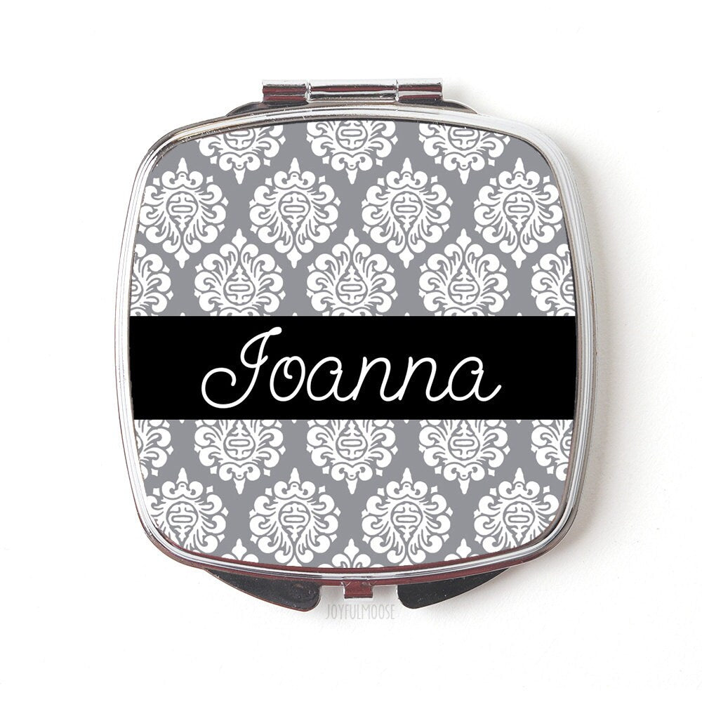 Bridesmaid Gifts Personalized Compact Mirror, Personalized Bridesmaids Gifts, Gray Damask Compact Mirrors, custom bridesmaid gifts thank you