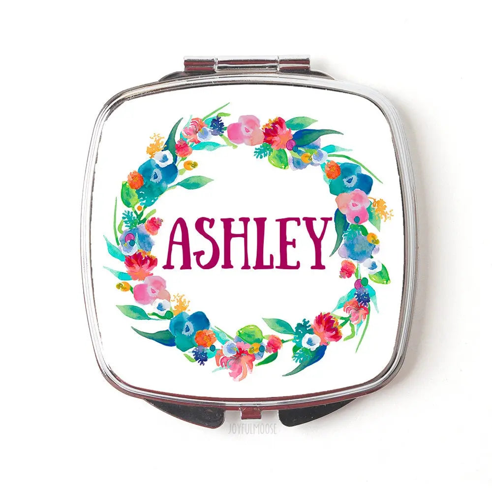 Bridesmaids Gift, personalized bridesmaid gift, Personalized Floral Watercolor Wreath Compact Purse Mirror, Pocket Mirror for Bridal Party