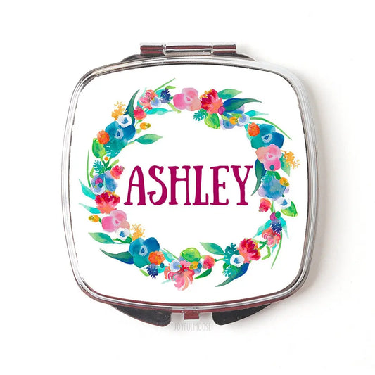 Bridesmaids Gift, personalized bridesmaid gift, Personalized Floral Watercolor Wreath Compact Purse Mirror, Pocket Mirror for Bridal Party
