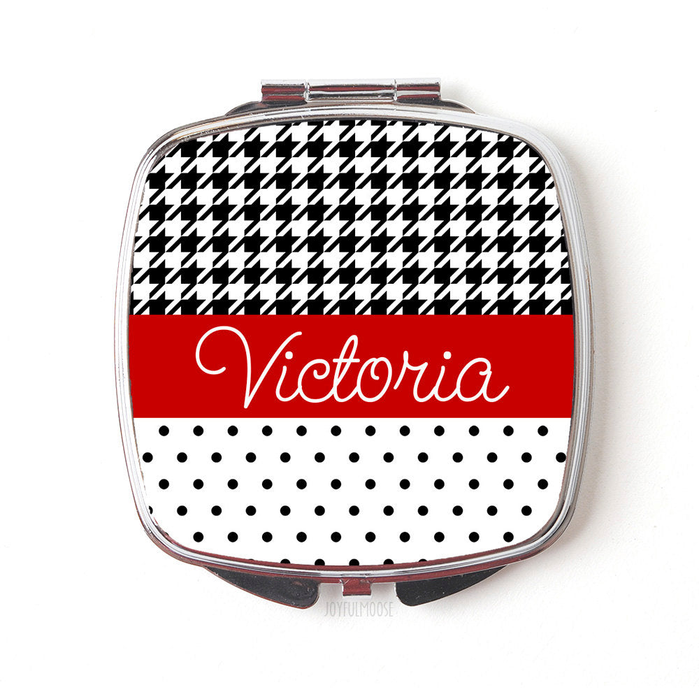 Personalized Compact Mirror - Red Black Polka Dot Houndstooth Custom Bridesmaids Gifts - Personalized Bridesmaids Gifts