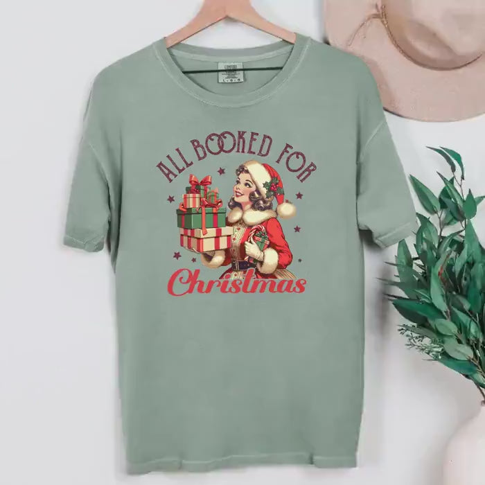 Comfort Colors Christmas T-shirt, vintage retro holiday graphic tee, cozy festive gift for book lovers, all booked for Christmas, gift idea