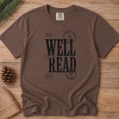 Book Lover Shirt, Vintage 'Well Read' Library Stamp Tee, Espresso