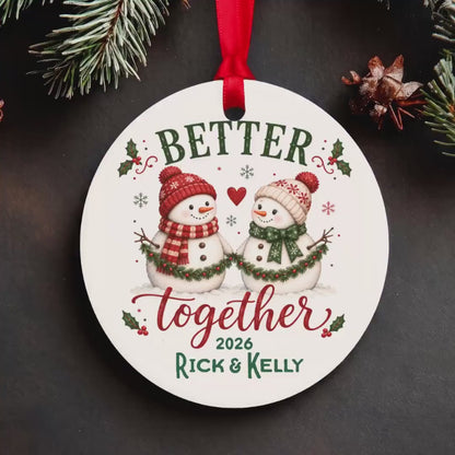 Personalized Couples Ornament, Snowman Keepsake Names & Year 2.75