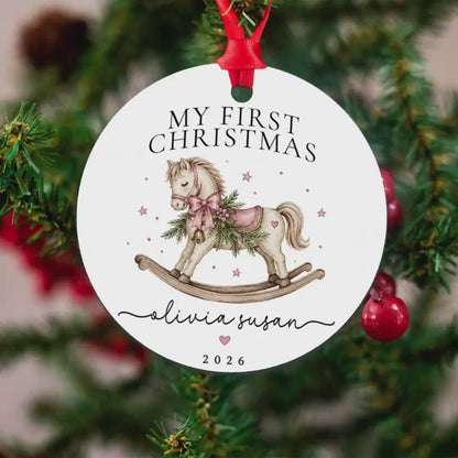 Personalized Baby Ornament, First Christmas Rocking Horse, 2.75in