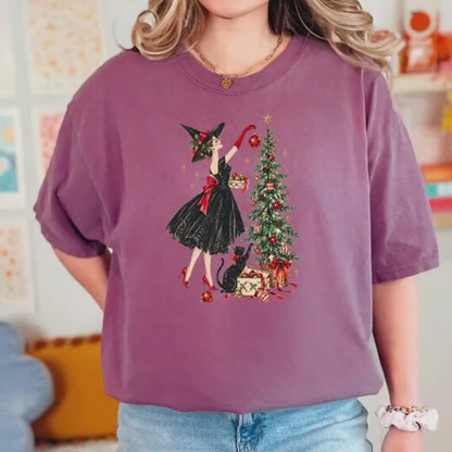 Witchy Christmas Shirt, Vintage Witch Tree Tee, Black Cat Comfort