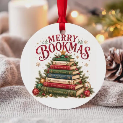 Book Lover Ornament, Merry Bookmas Aluminum 2.75in Book Tree Gift