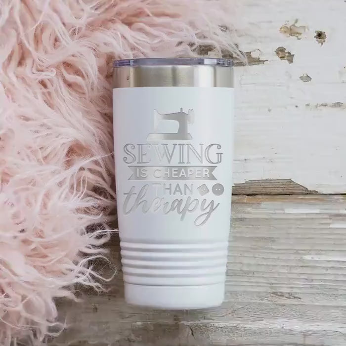 Personalized Sewing Tumbler 20 oz stainless steel insulated drinkware for crafters, hot or cold beverage travel mug, gift for sewists