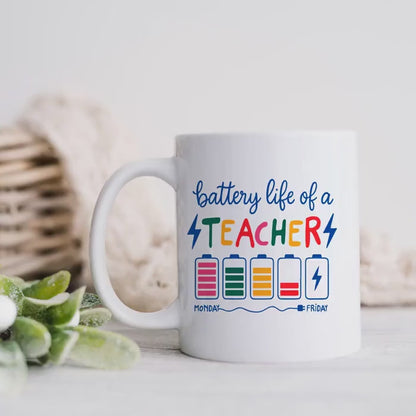 Funny Teacher Mug - Colorful Battery Graphic Ceramic Coffee Cup | Teacher Appreciation Gift