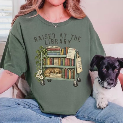 Library Lover Shirt, Raised At The Library Vintage Book Cart Tee!