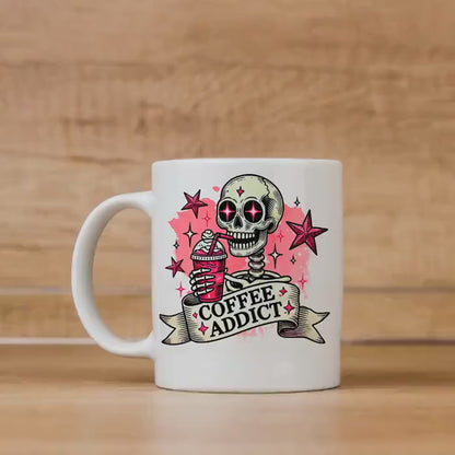 Coffee Addict Mug – Pink Skull Coffee Cup | Funny Caffeine Lover Gift, Ceramic, Dishwasher Safe