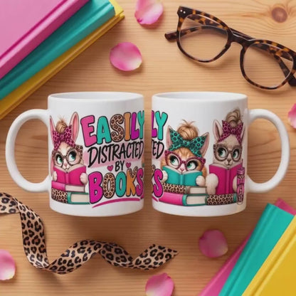Book Lover Mug, Easily Distracted By Books, Cat Ceramic, Cute Gift