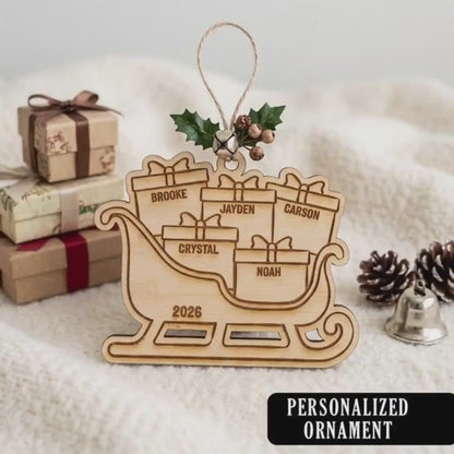 Personalized Sleigh Ornament, Wood Engraved, 3"x4", Names & Year.