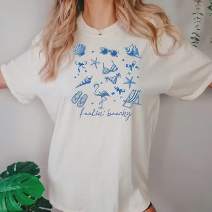 Beach Graphic Tee – Blue Beach Icons, Relaxed Unisex Fit Summer Shirt