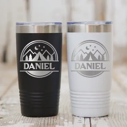 Personalized Camping Tumbler – Insulated Travel Mug with Mountain Stars Design