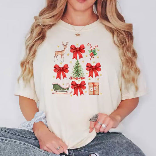 Comfort Colors Christmas T-shirt, Vintage Holiday Graphic Tee, Cozy Festive Reindeer Sleigh Bows Candy Cane Gift Top