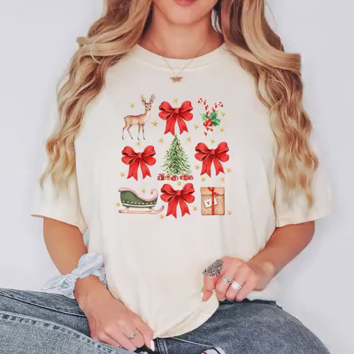 Comfort Colors Christmas T-shirt, Vintage Holiday Graphic Tee, Cozy Festive Reindeer Sleigh Bows Candy Cane Gift Top