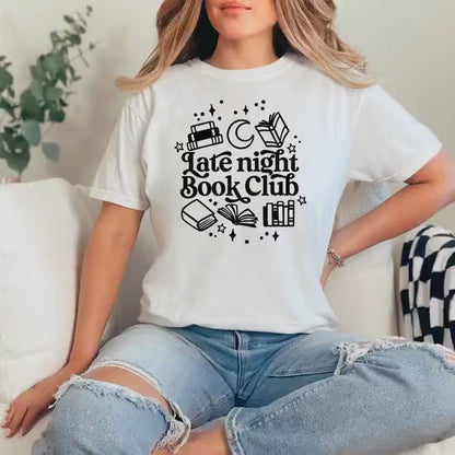 Late Night Book Club Tee – Cozy Reading Graphic Shirt | Vintage Bookish Apparel
