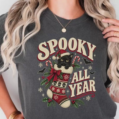 Black Cat Christmas Shirt, Spooky All Year Goth Tee, Comfort Tees