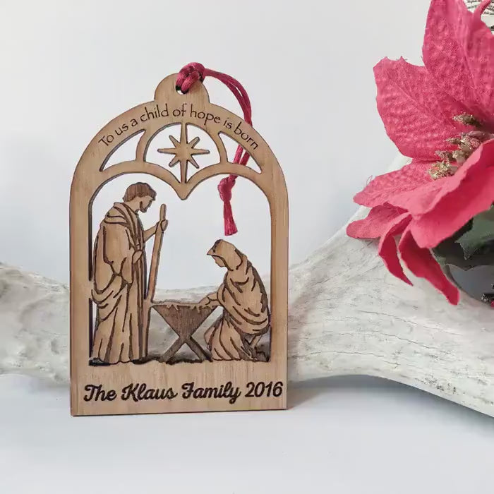 Christmas Ornament Nativity Scene - Personalized Wooden Christian Christmas Keepsake with Custom Engraving, Baby Jesus, and Family Name