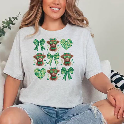 Highland Cow Shirt - St Patricks Day Tee | Irish Green Shirt With Shamrocks