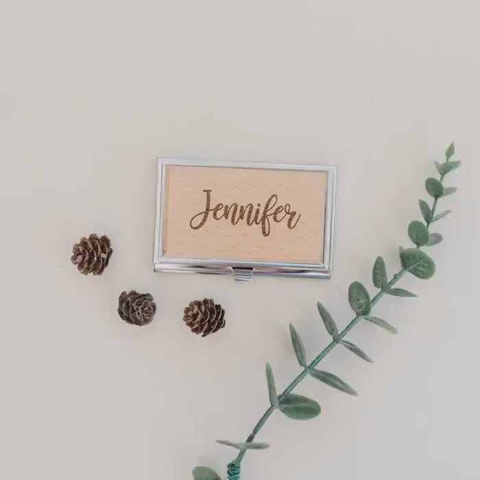 Graduation gift, engraved wood business card holder, personalized gift for her, bamboo card case, compact credit card wallet, office gift