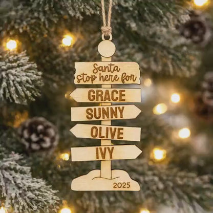 Personalized Family Ornament – Rustic Wooden Christmas Signpost Decor with Custom Engraving