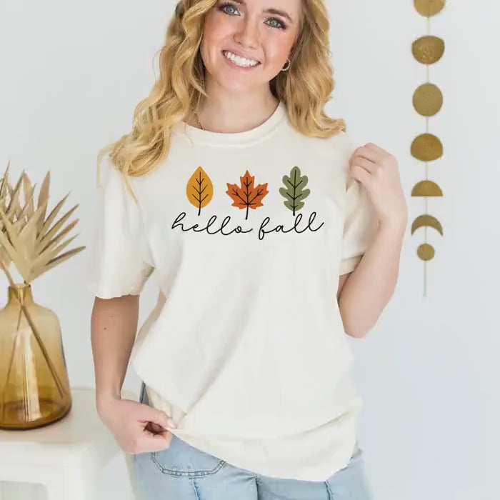 Comfort Colors T-shirt Minimalistic Hello Fall with Leaves Graphic, Vintage Style Cozy Fall Top, Gift for Autumn, Relaxed Fit Casual Tee