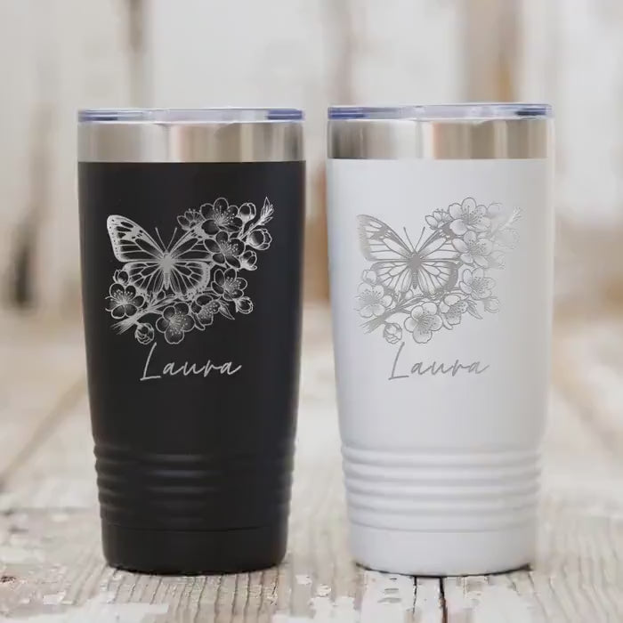 Personalized Butterfly Floral 20 oz Tumbler with Name Custom Coffee Mug Insulated Keepsake Gift for Her Birthday Holiday