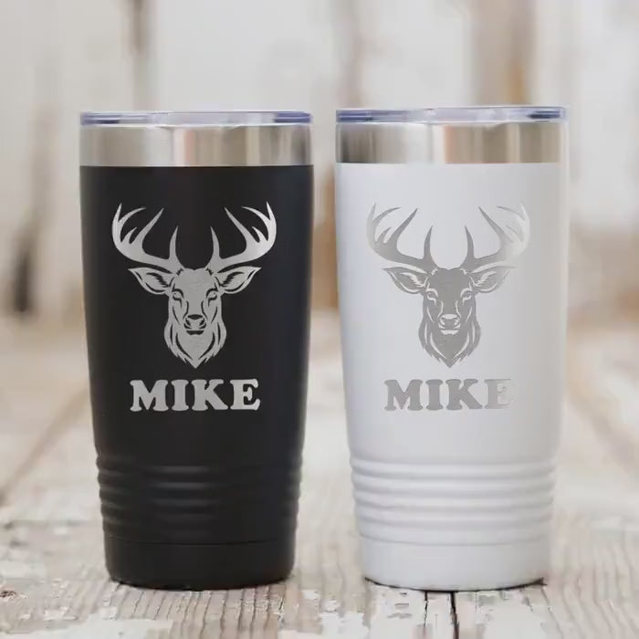 Personalized Deer Hunting Tumbler with Custom Name, Insulated Travel Mug for Outdoor Enthusiasts, Keeps Beverages Hot or Cold
