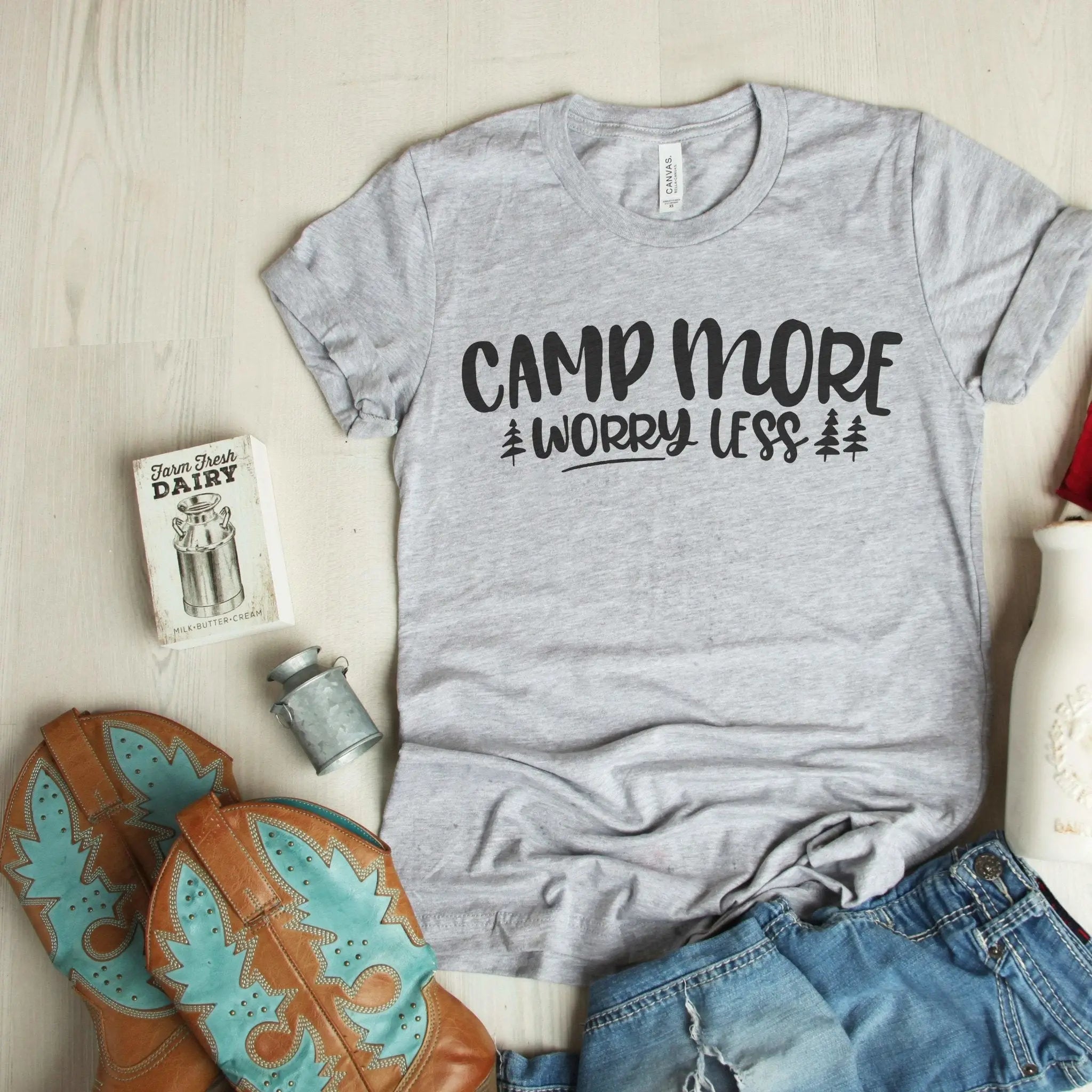 camping shirt Camp More Worry Less T-shirt, Camping tshirt women, Camping shirt, S / Natural