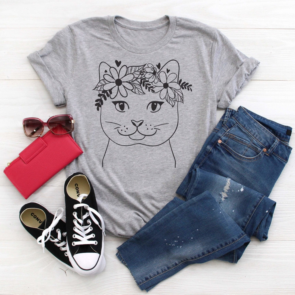Cat Shirt, cute cat shirt, Cat T-shirt, Cute Cat with flowers tshirt, cat lover tshirt, cat gift for girls