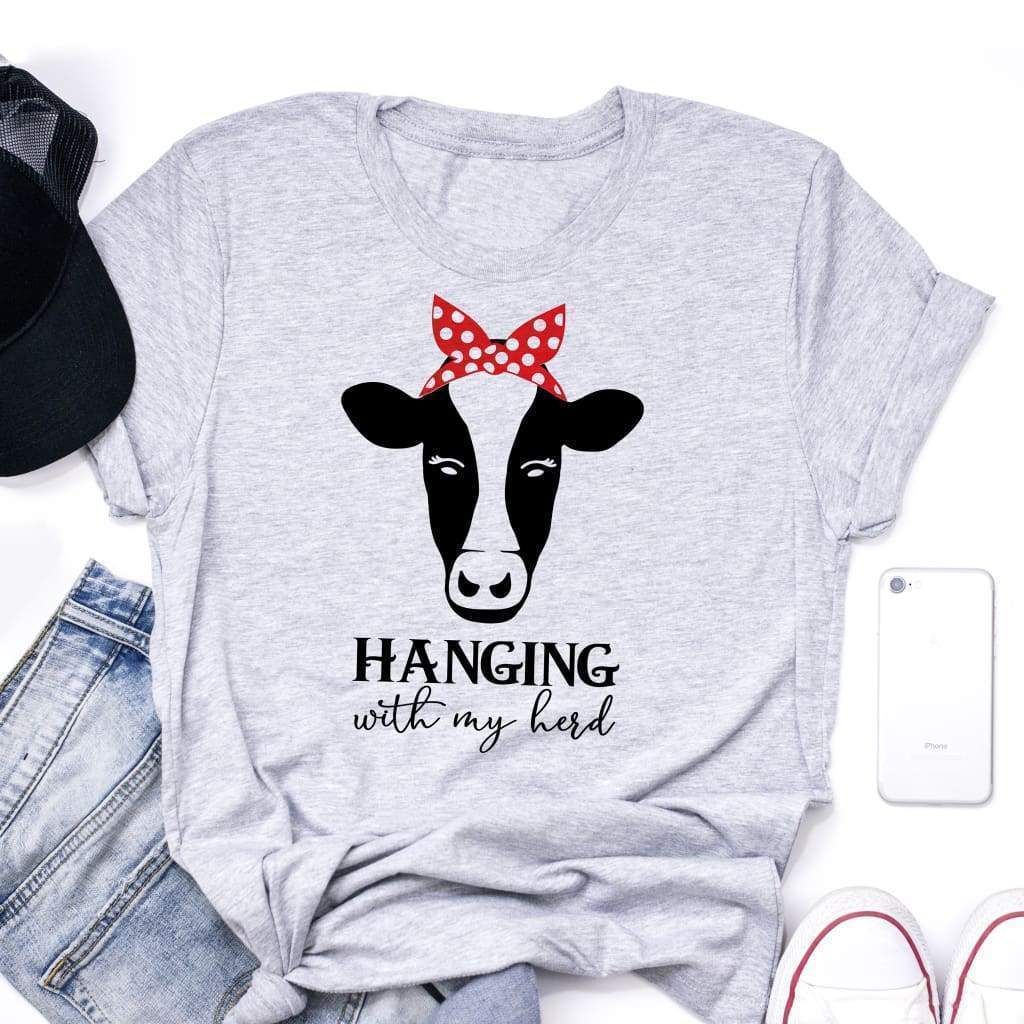 Cow Shirt - Womens Farm Tshirt - Farm Girl Shirt - Gray Hanging with my herd cow red bandana