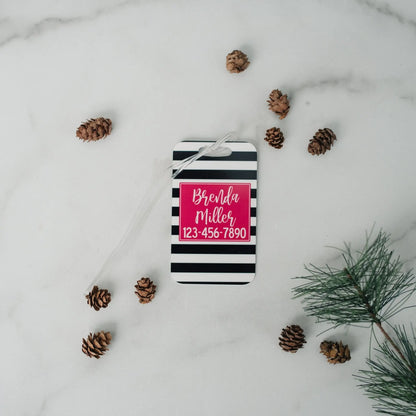 custom luggage tag, gold pineapple name tag for backpack, briefcase, floral wine pink stripe