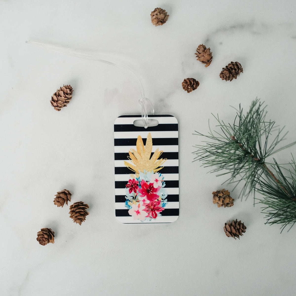 custom luggage tag, gold pineapple name tag for backpack, briefcase, floral wine pink stripe