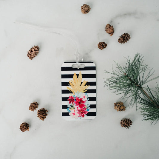 custom luggage tag, gold pineapple name tag for backpack, briefcase, floral wine pink stripe
