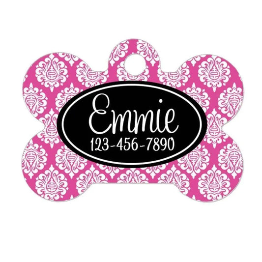 Custom Pet Tags - Custom Pet ID Tag - Custom Pet Name Tags - Black Pink Damask Pet Tags