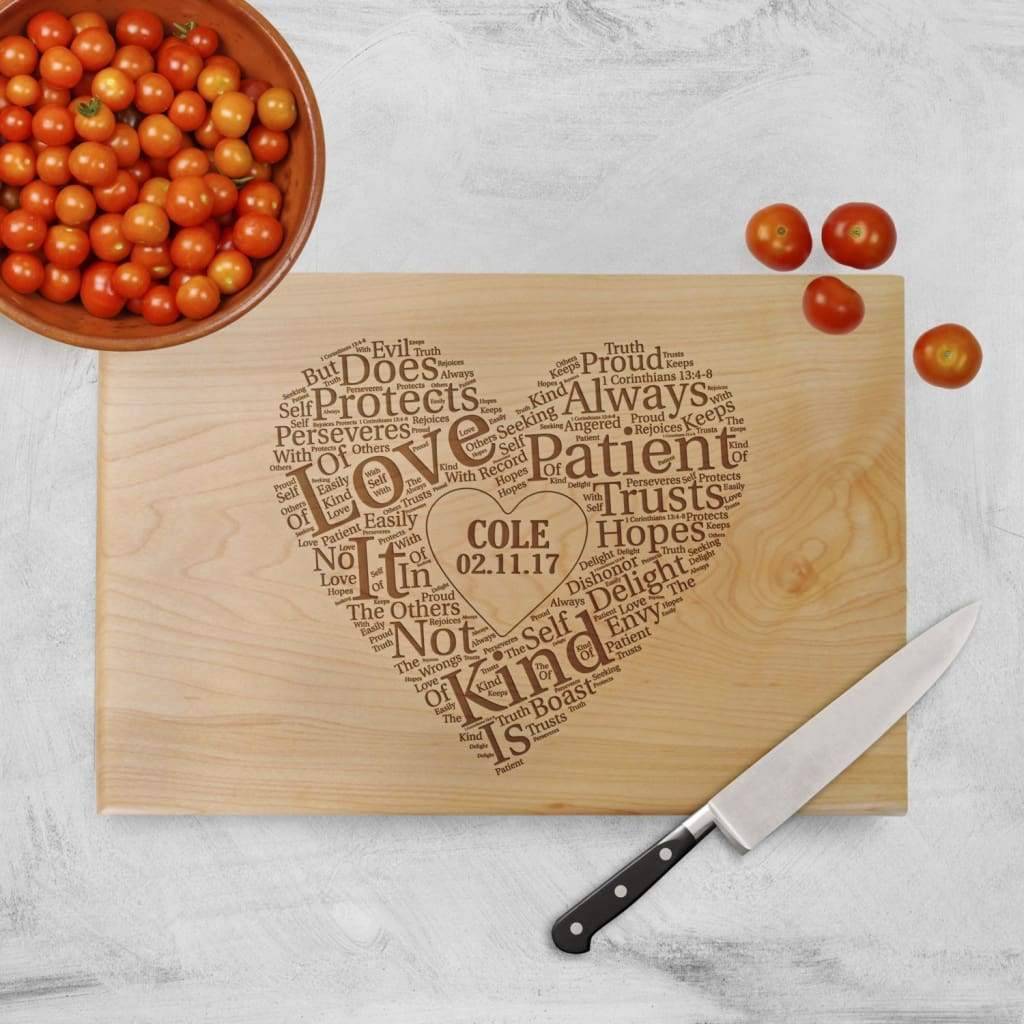 Cutting Board Wedding Gift - Love is patient Love is kind - Heart Personalized Cutting Board