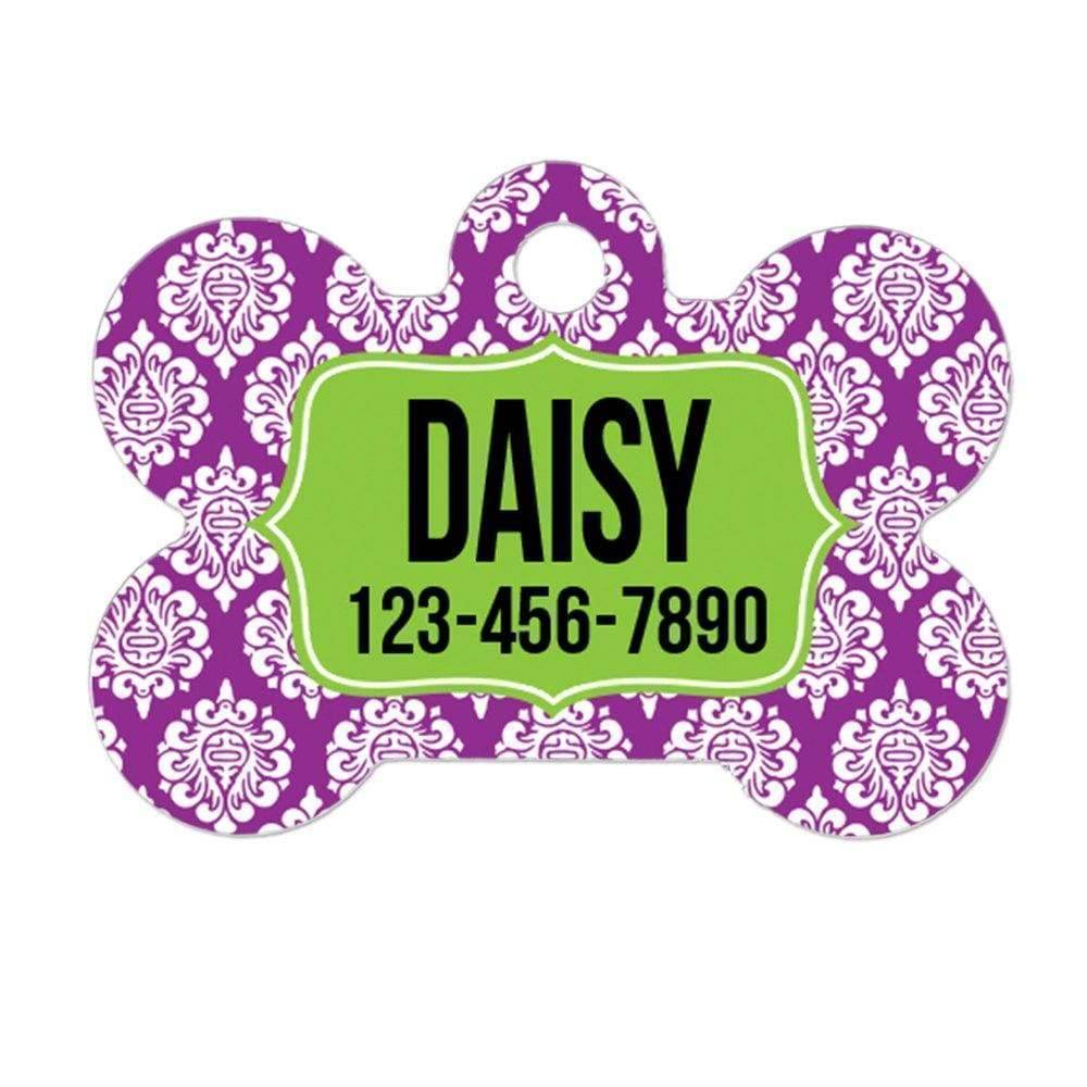 Damask Dog Bone Tag - Personalized Dog Tag - Custom Dog Tag - Purple Damask Dog Tag