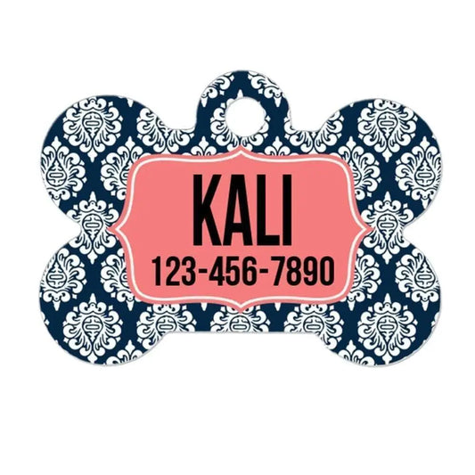 Damask Navy Coral Dog ID Tag - Personalized Bone Dog Tag