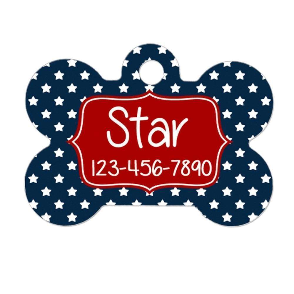 dog collar tag - red navy blue stars - 2 sided