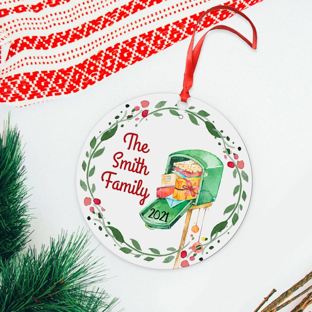 Family Ornament, Personalized Christmas Ornament, Mailbox Wreath Round Circle Ornament
