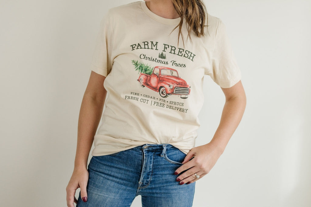 Farm Fresh Christmas Trees Tshirt, Christmas shirt, Vintage Design Red Pickup Truck christmas shirts