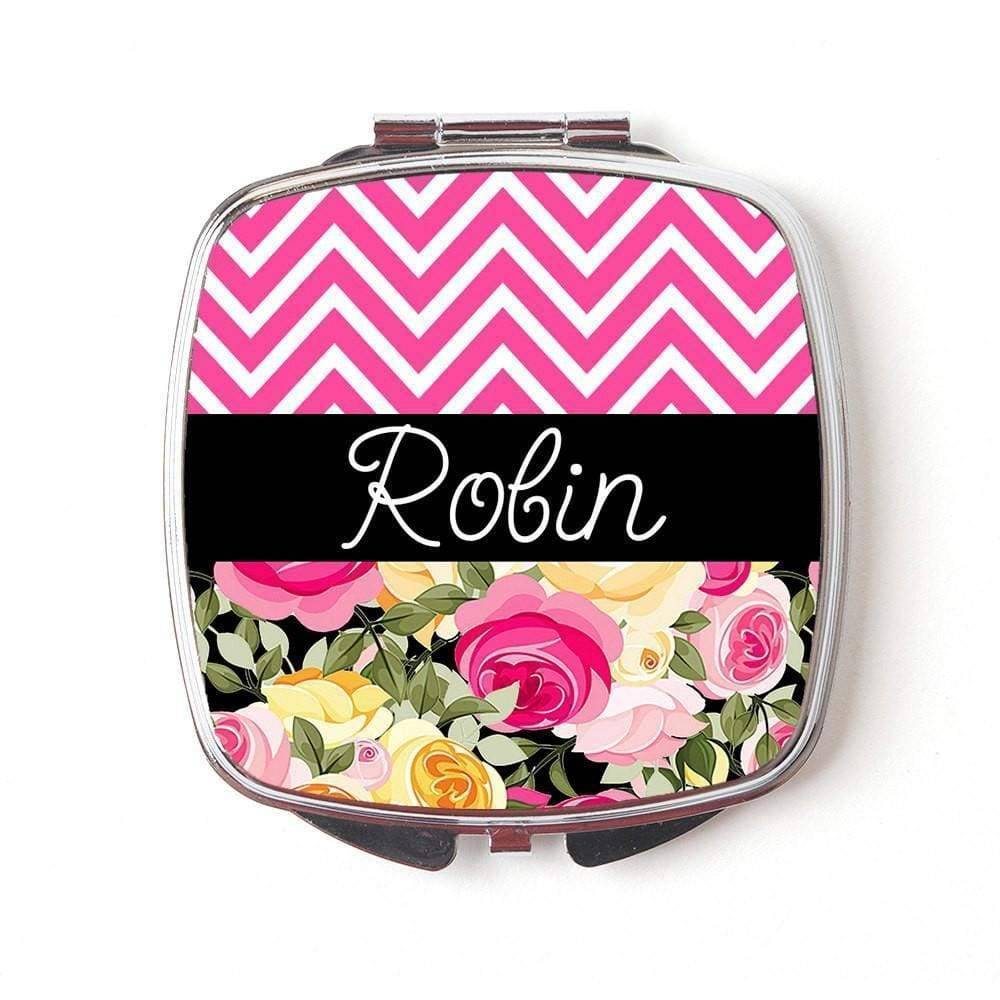 Floral Personalized Compact Mirror - Pink Black & Floral Wedding